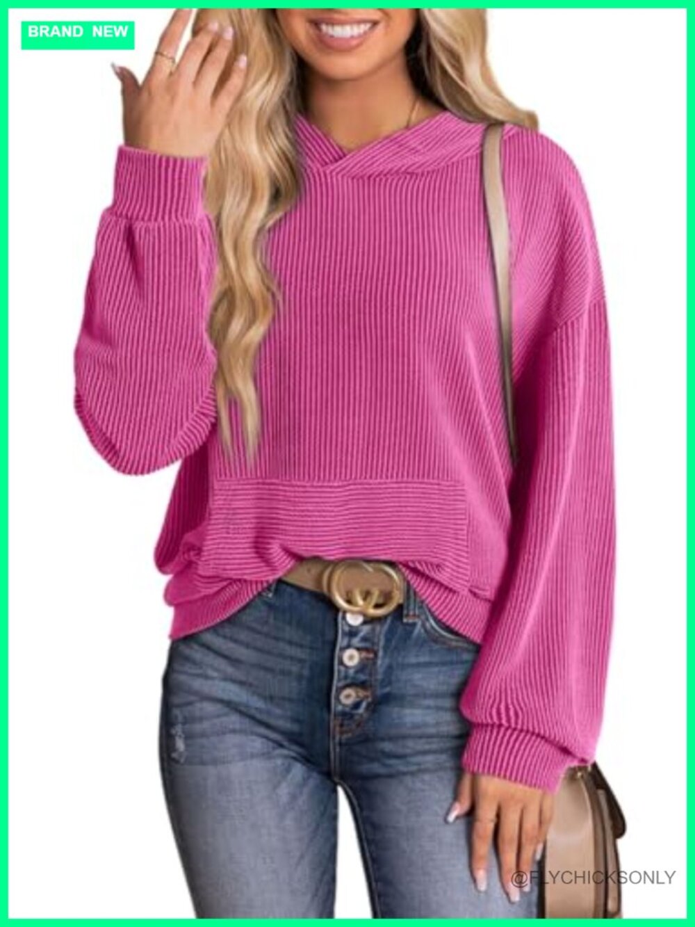Ribbed Knit Oversized Hoodie Long Sleeve Pullover Sweatshirt with Kangaroo